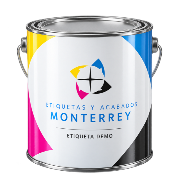 Bote de pintura industrial con etiqueta de Etiquetas y Acabados Monterrey